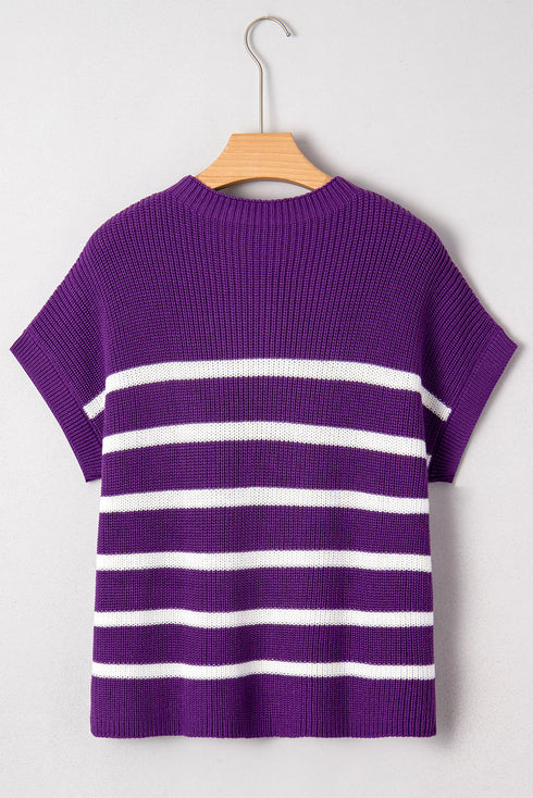 Striped Raw Edge Patch Pocket Drop Shoulder Short Sleeve Sweater
